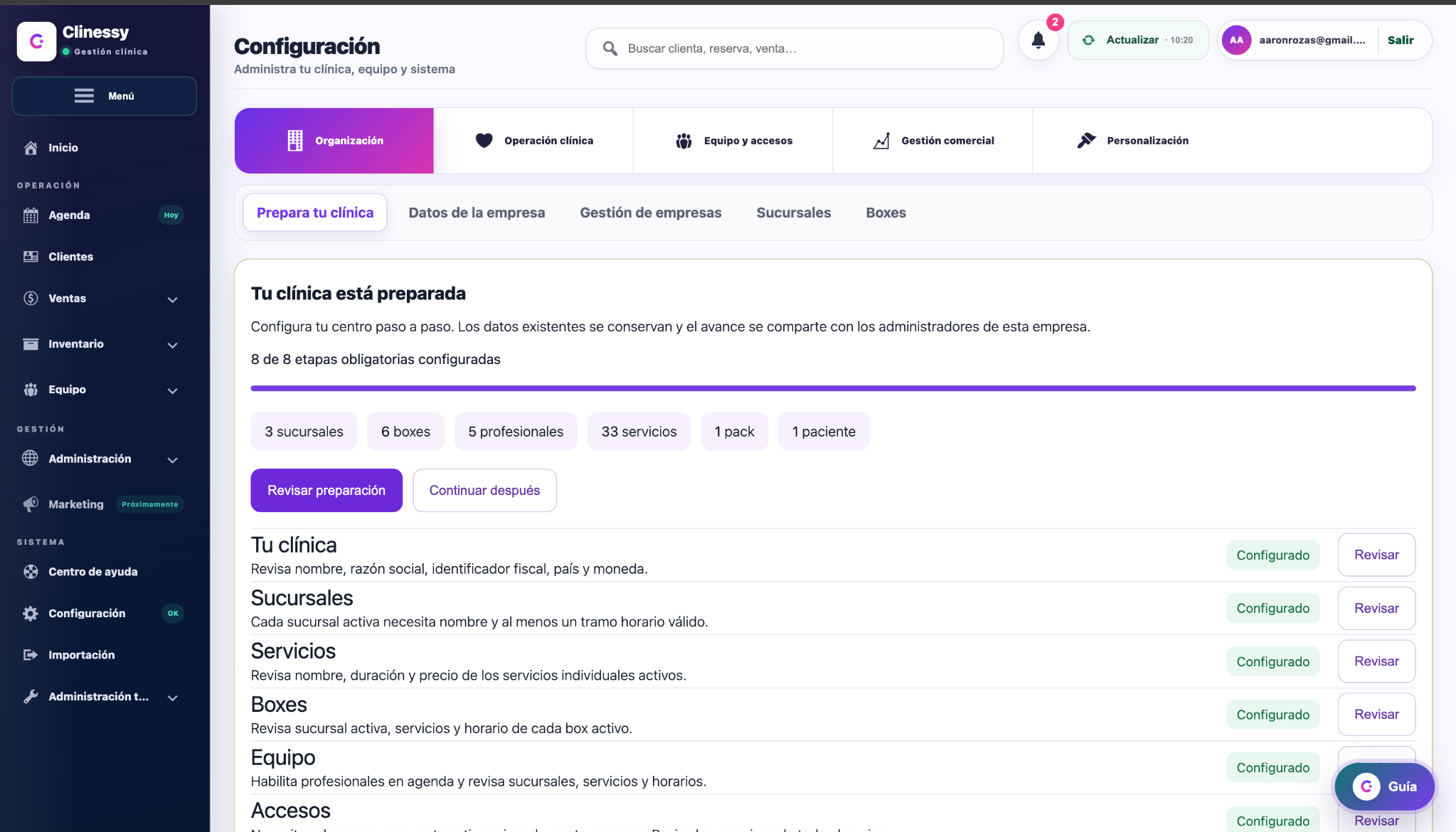 Pantalla real de configuración de Clinessy