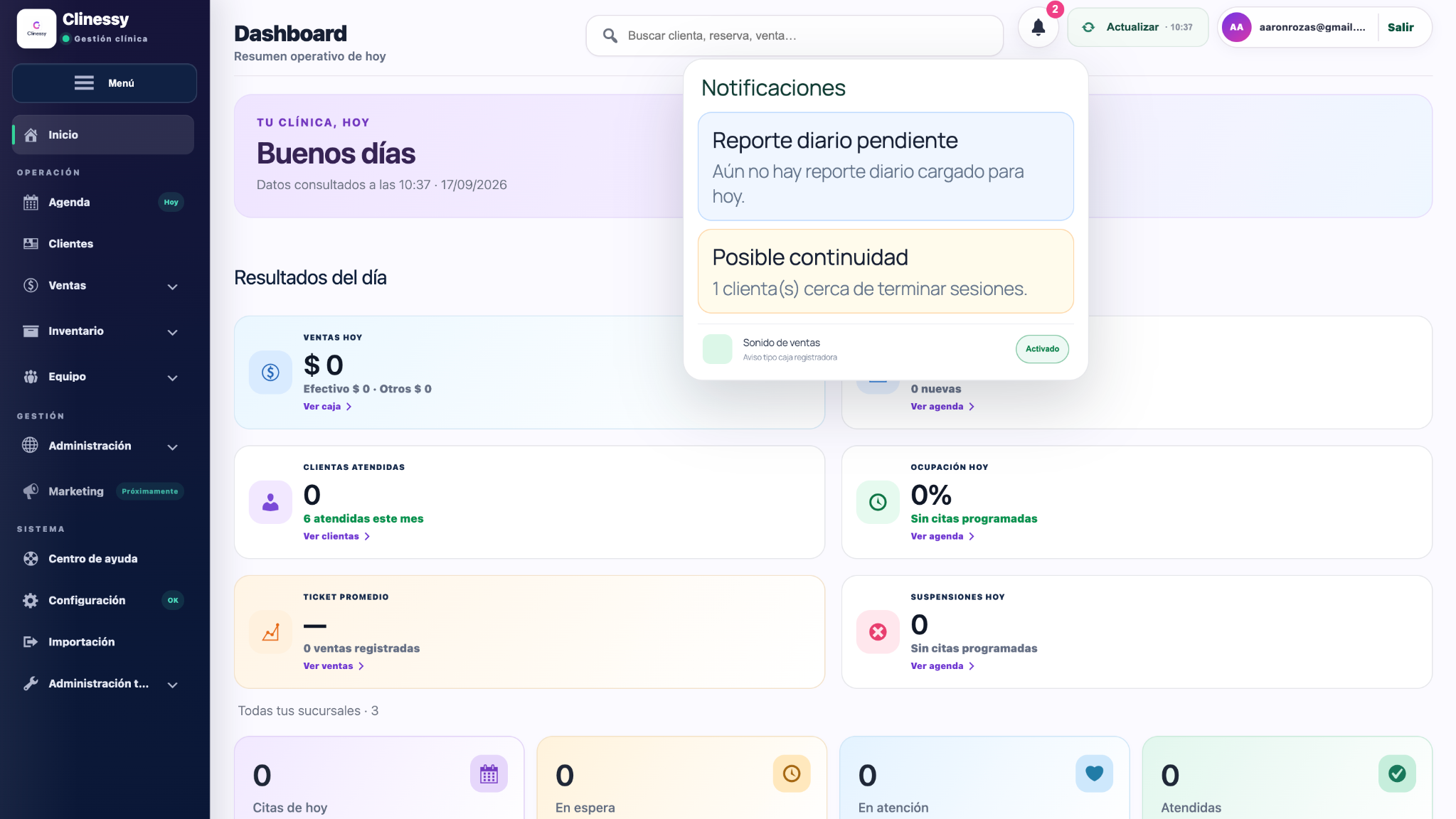 Vista real del dashboard de Clinessy con indicadores y notificaciones